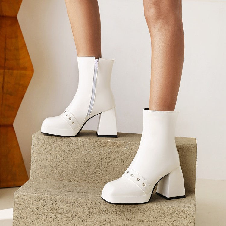 Woman Pu Leather Square Toe Side Zippers Block Heel Platform Short Boots
