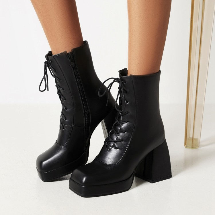 Woman Pu Leather Square Toe Lace Up Block Heel Platform Short Boots