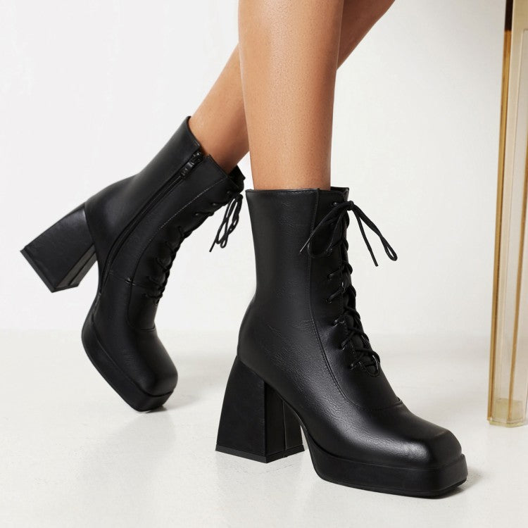 Woman Pu Leather Square Toe Lace Up Block Heel Platform Short Boots