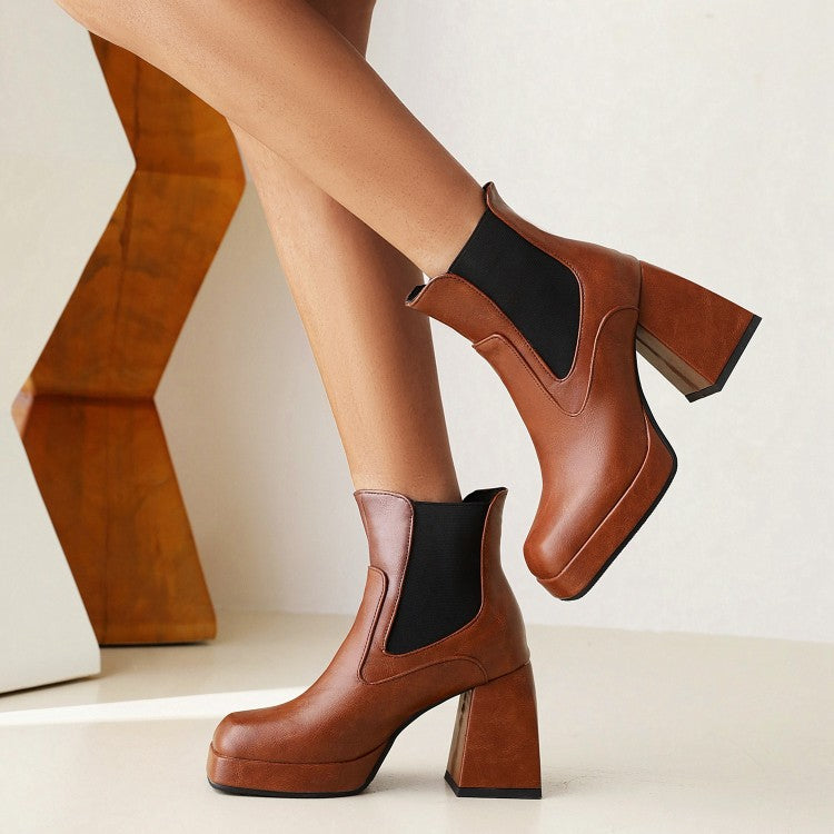 Woman Pu Leather Square Toe Patchwork Block Heel Platform Short Boots