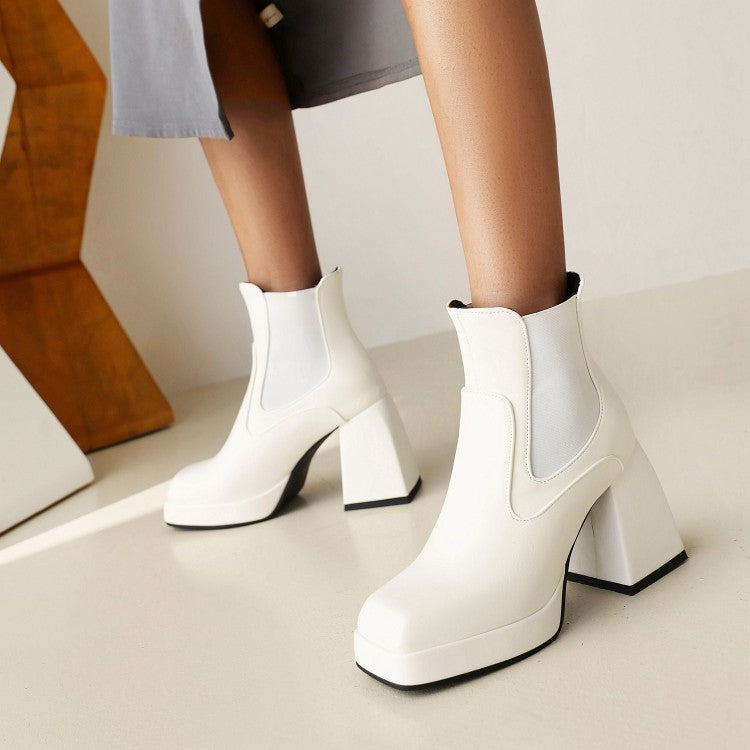 Woman Pu Leather Square Toe Patchwork Block Heel Platform Short Boots