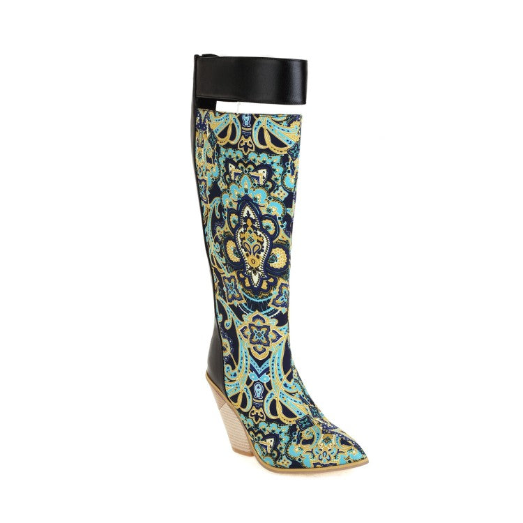 Women Bohemia Pointed Toe Block Heel Knee High Boots