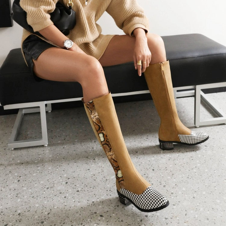Women Snake Printed Patchwork Side Zippers Puppy Heel Knee High Boots