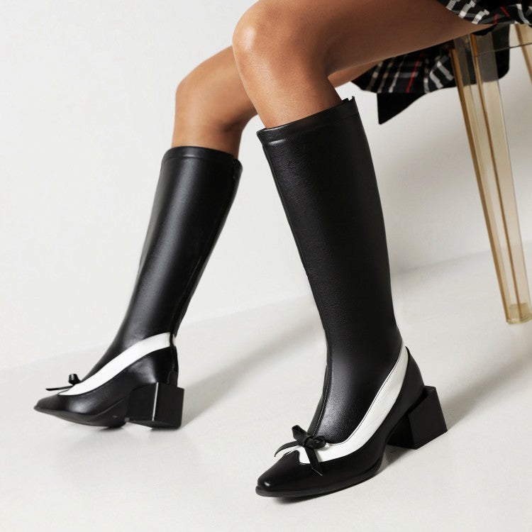 Women Bicolor Pu Leather Pointed Toe Knot Chunky Heel Knee High Boots