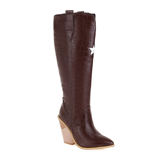 Women Stars Pattern Pointed Toe Side Zippers Chunky Heel Knee High Boots