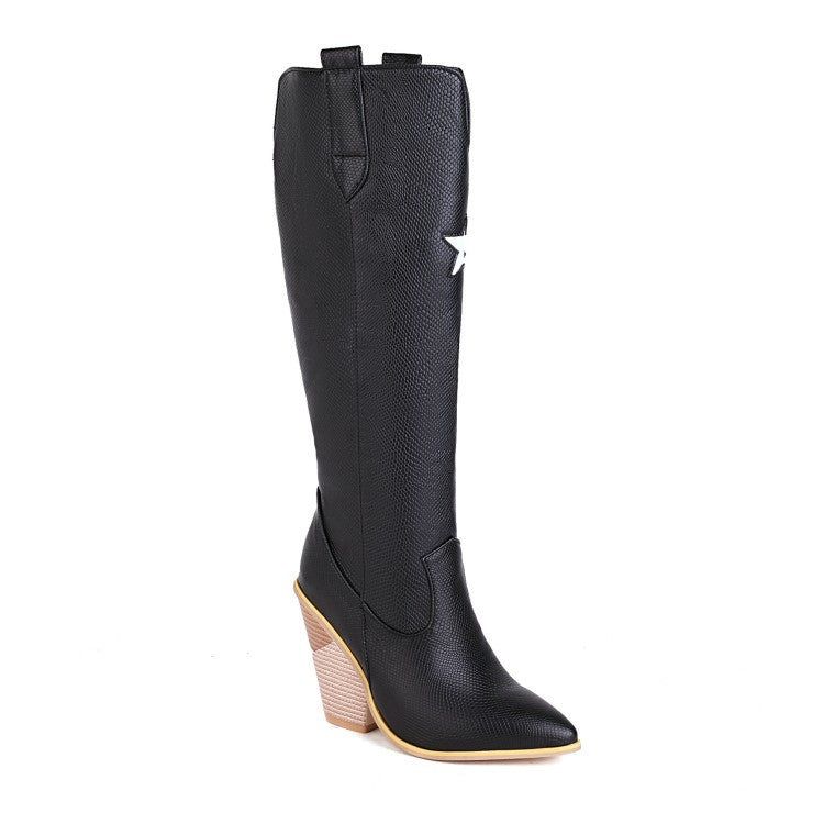 Women Stars Pattern Pointed Toe Side Zippers Chunky Heel Knee High Boots