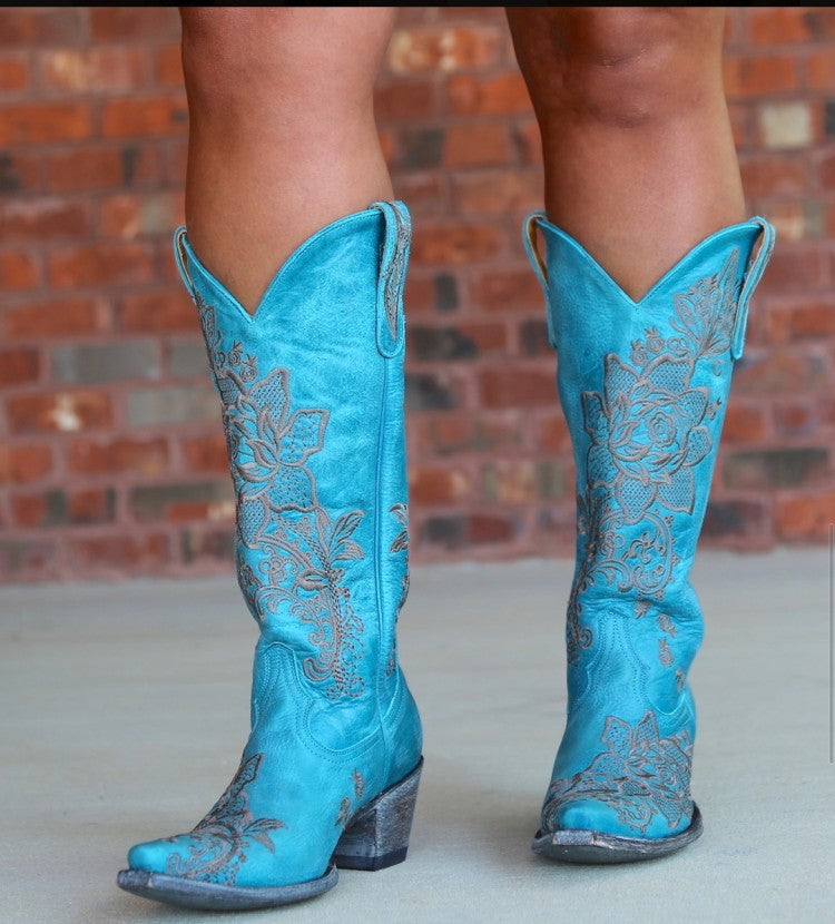 Women Ethnic Patchwork Embroidery Low Heels Cowboy Knee High Boots