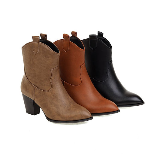 Women Pu Leather Pointed Toe Stitch Block Chunky Heel Ankle Boots