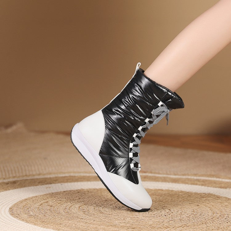 Woman Leather Wedges Heels Winter Down Mid Calf Snow Boots