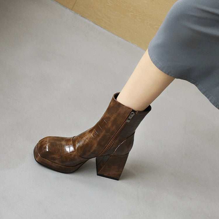 Women Pattern Pu Leather Square Toe Side Zippers Block Heel Platform Short Boots