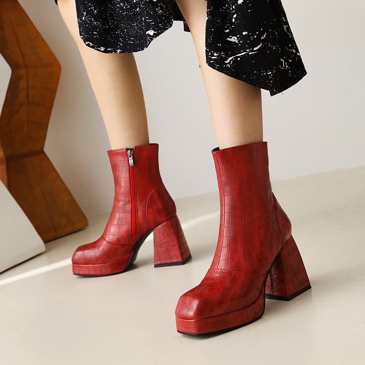 Women Pattern Pu Leather Square Toe Side Zippers Block Heel Platform Short Boots