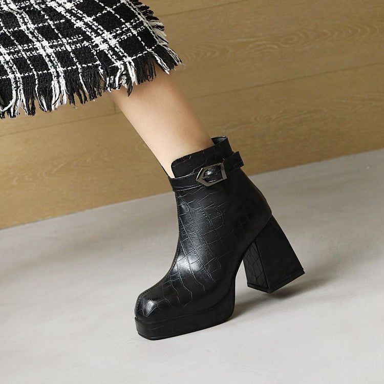 Women Pattern Pu Leather Square Toe Buckles Belts Block Heel Platform Short Boots