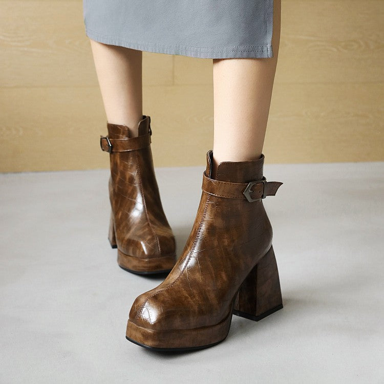 Women Pattern Pu Leather Square Toe Buckles Belts Block Heel Platform Short Boots
