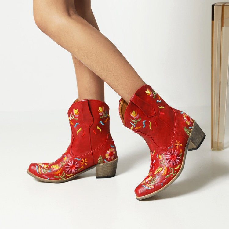Woman Ethnic Embroidery Block Heel Cowboy Short Boots