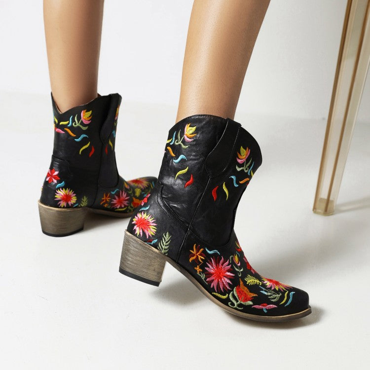 Woman Ethnic Embroidery Block Heel Cowboy Short Boots