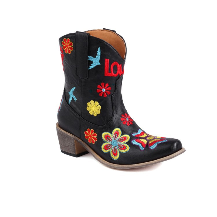 Woman Ethnic Embroidery Puppy Heel Cowboy Short Boots