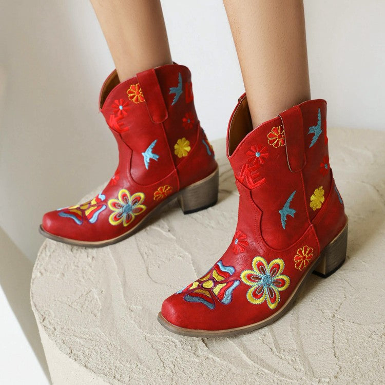 Woman Ethnic Embroidery Puppy Heel Cowboy Short Boots