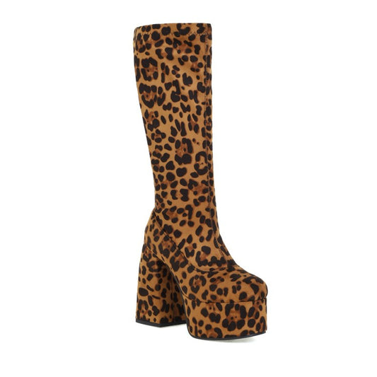 Woman Leopard Print Round Toe Stitching Block Heel Platform Knee High Boots