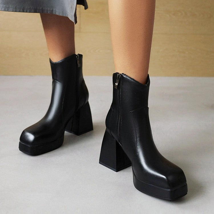 Women Pu Leather Stitching Side Zippers Block Heel Platform Short Boots