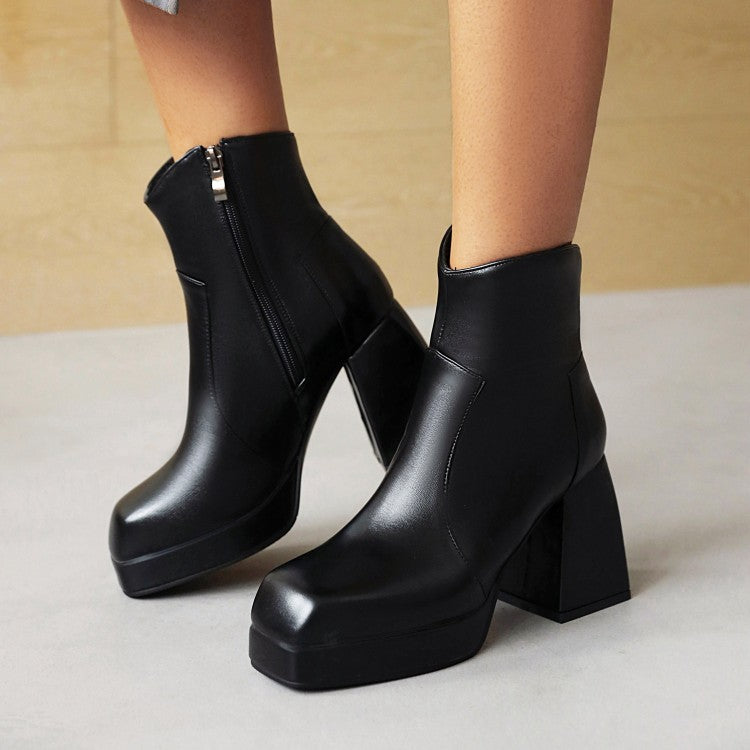 Women Pu Leather Stitching Side Zippers Block Heel Platform Short Boots