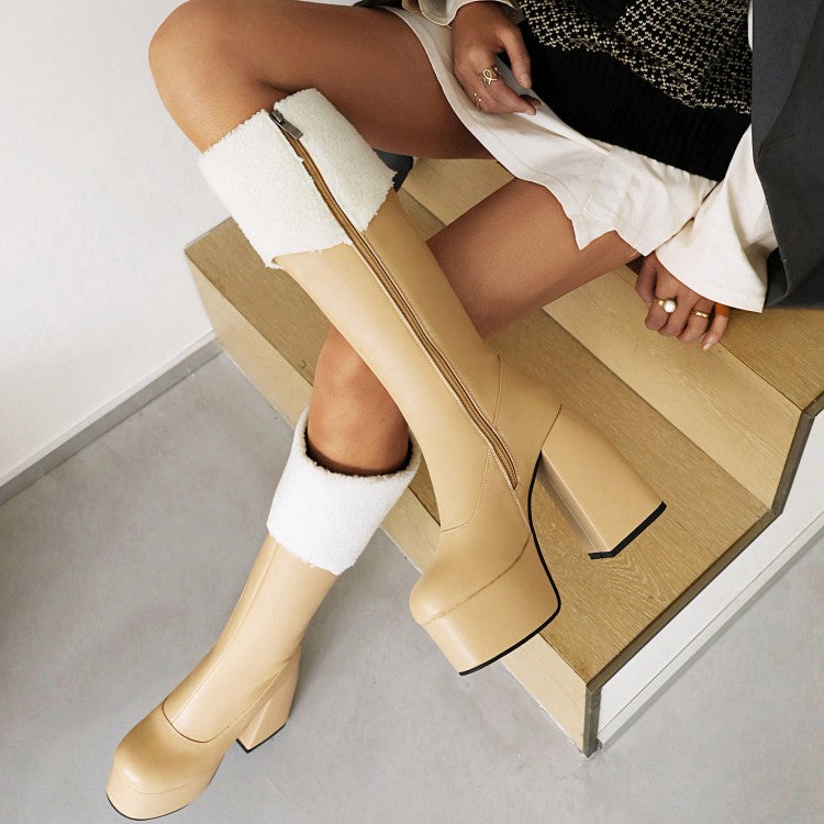 Woman Round Toe Side Zippers Fold Block Heel Platform Knee High Boots
