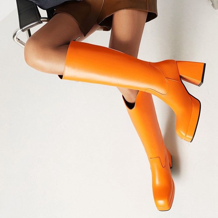 Woman Candy Color Stitching Block Heel Platform Knee High Boots