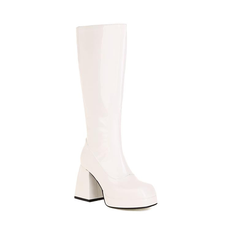 Women Glossy Square Toe Block Heel Platform Knee High Boots