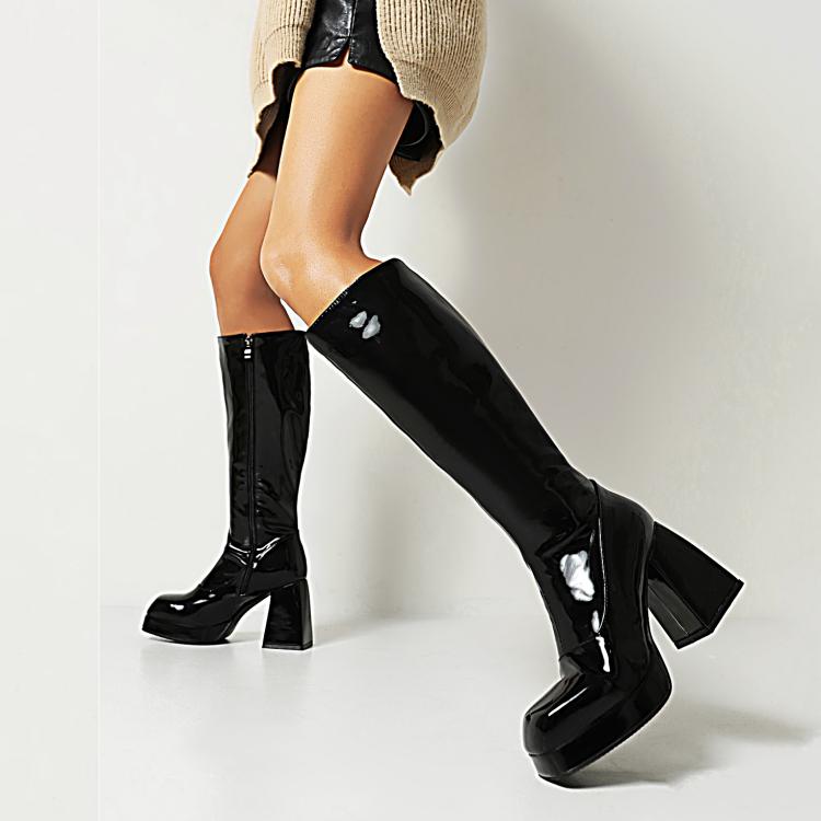 Women Glossy Square Toe Block Heel Platform Knee High Boots