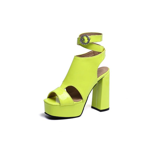 Women Jelly Color Peep Toe Hollow Out Rhinestone Chunky Heel Platform Sandals