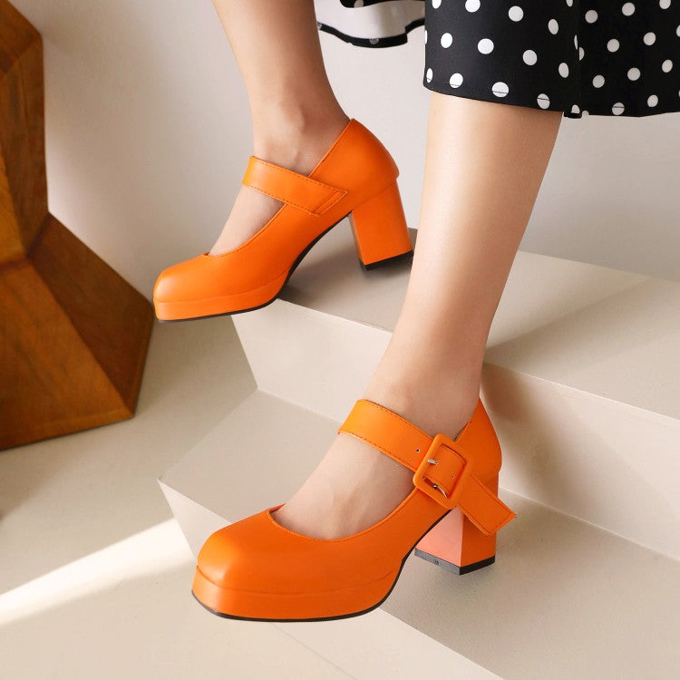 Women Platform Pumps Glossy Square Toe Mary Janes Buckle Straps Block Chunky Heel Shoes