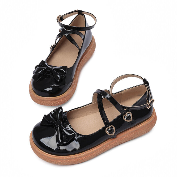 Women Patent Leather Bowtie Ankle Strap Flats Shoes