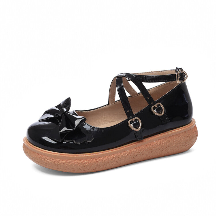 Women Patent Leather Bowtie Ankle Strap Flats Shoes