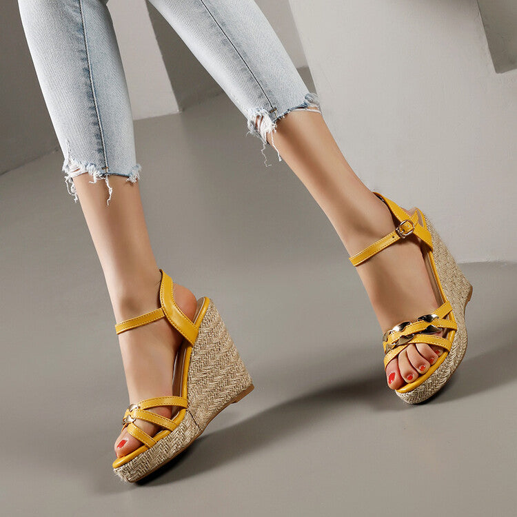 Women Woven Ankle Strap Wedge Heel Platform Sandals