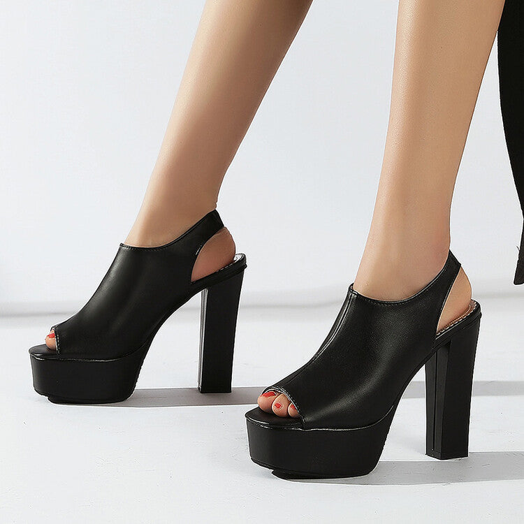 Women Color Contrast Peep Toe Platform Chunky Heel Sandals
