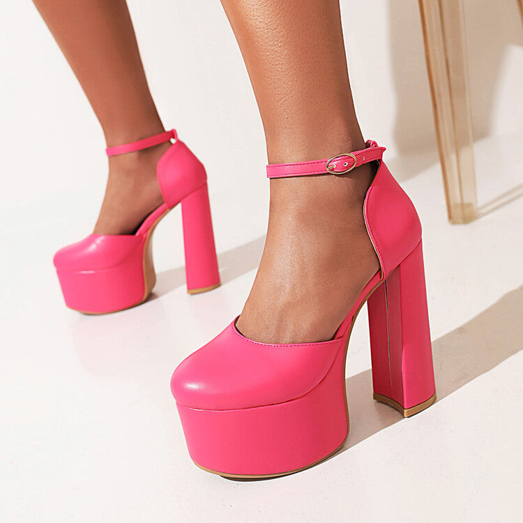 Woman Solid Color Ankle Strap Block Heel Platform Sandals