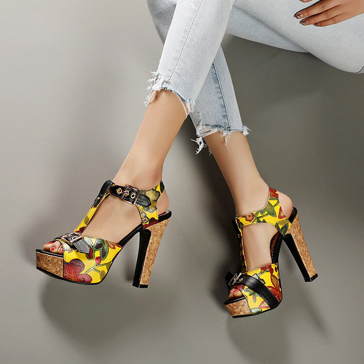 Women Colorful Buckle T Ankle Strap Platform Chunky Heel Sandals