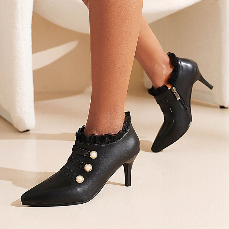 Pointed Toe Lace Pearl Woman High Heels Thin Heel Shoes