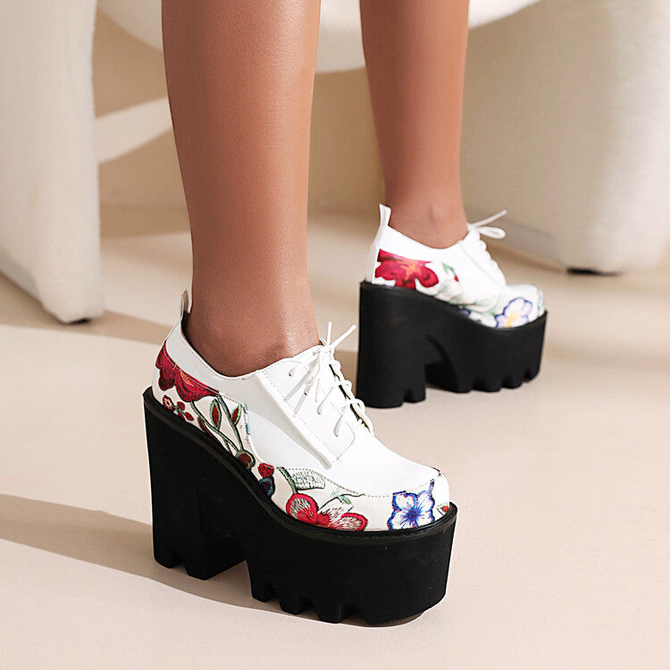 Woman Thick Sole Patent Leather Strap Flora Print Chunky Platform High Heels