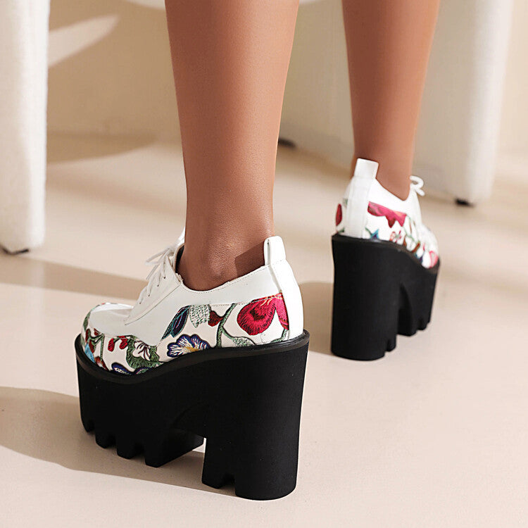 Woman Thick Sole Patent Leather Strap Flora Print Chunky Platform High Heels