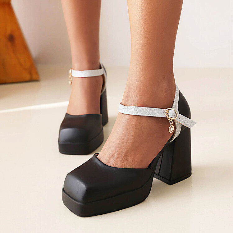 Woman Square Toe Ankle Strap Metal Buckle Platform Block Heel Sandals