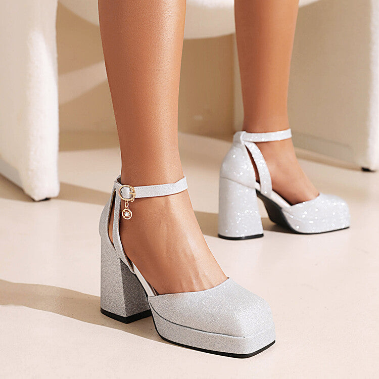 Woman Sparkling Square Toe Ankle Strap Metal Buckle Chunky Heel Platform Sandals