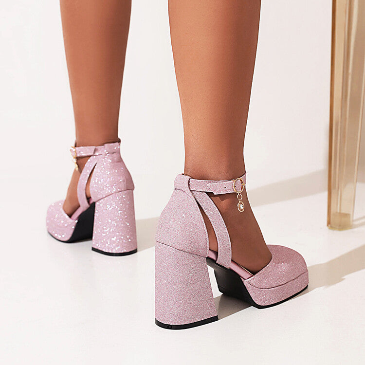 Woman Sparkling Square Toe Ankle Strap Metal Buckle Chunky Heel Platform Sandals