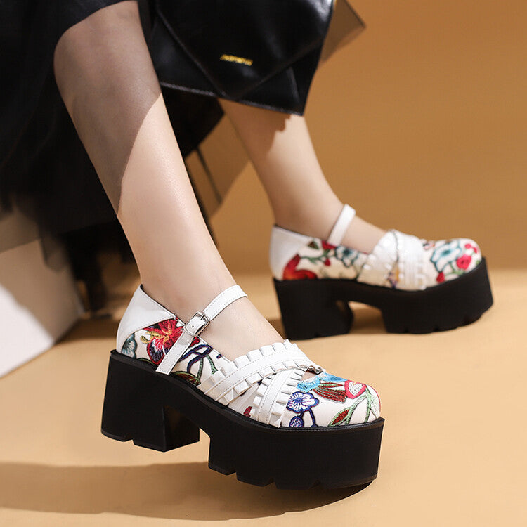 Woman Thick Sole Flora Printed Ankle Strap Chunky Heel Platform Pumps