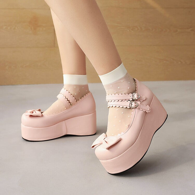 Women Butterfly Knot Round Toe Double Ankle Strap Platform Flats