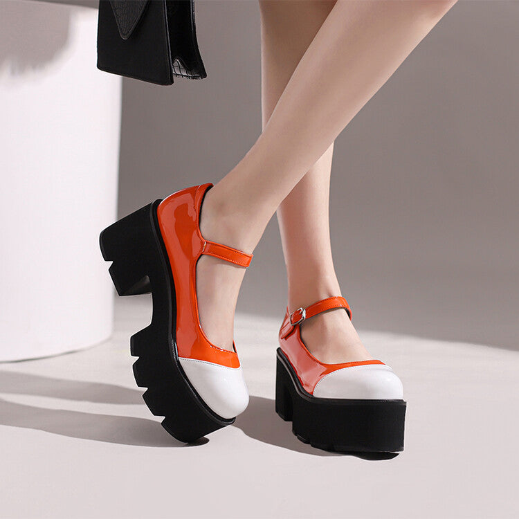 Woman Candy Color Round Toe Ankle Strap Chunky Heel Platform Pumps Mary Janes