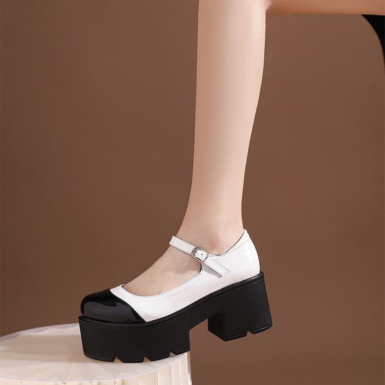 Woman Candy Color Round Toe Ankle Strap Chunky Heel Platform Pumps Mary Janes