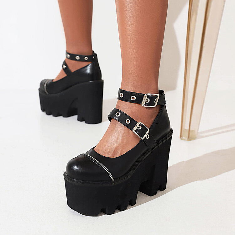 Woman Rivets Thick Sole Round Toe Metal Buckle Chunky Heel Platform Pumps