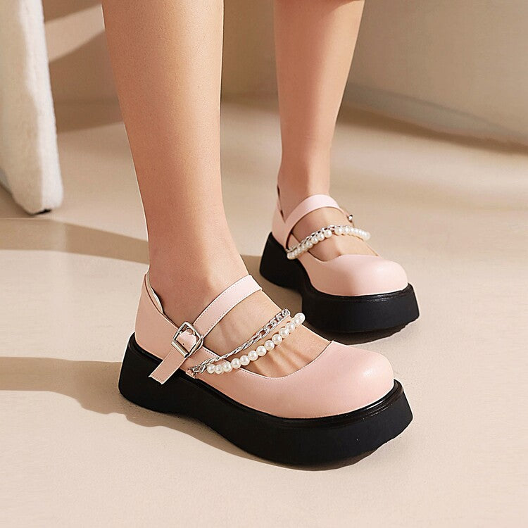 Women Lolita Pearls Beading Platform Flats Shoes