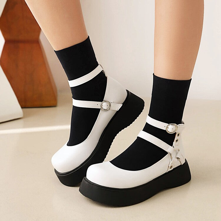 Women Lolita Round Toe Double Ankle Strap Buckle Platform Flats Shoes