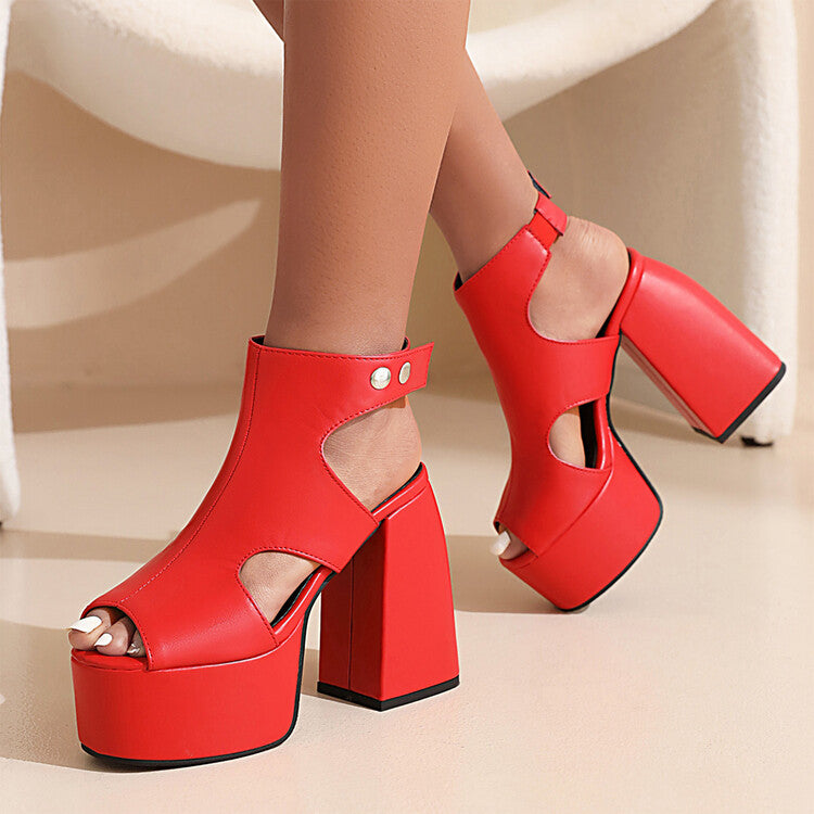 Women Solid Color Peep Toe Thick Sole Block Heel Platform Sandals
